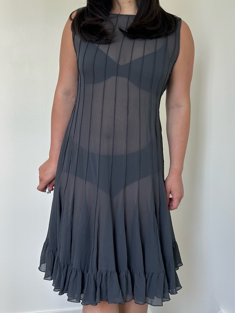 100% Silk Vintage Sheer Charcoal Sleeveless Pleated Dress- 14